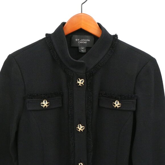 St. John Caviar Fringe Detail Black Santana Knit Jacket Gold Buttons 8 - Picture 2 of 6